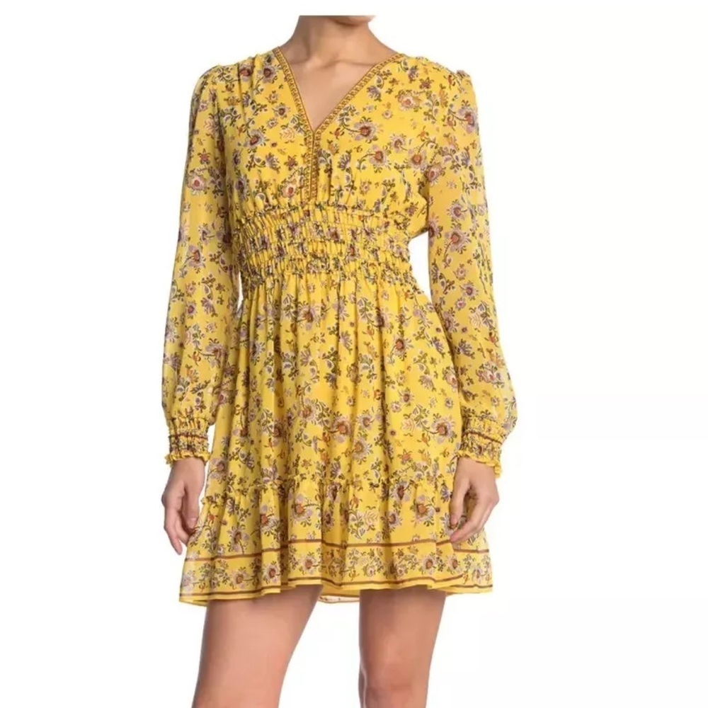 Max Studio Boho V-Neck Yellow Floral Smocked Mini Dress NWT Size S